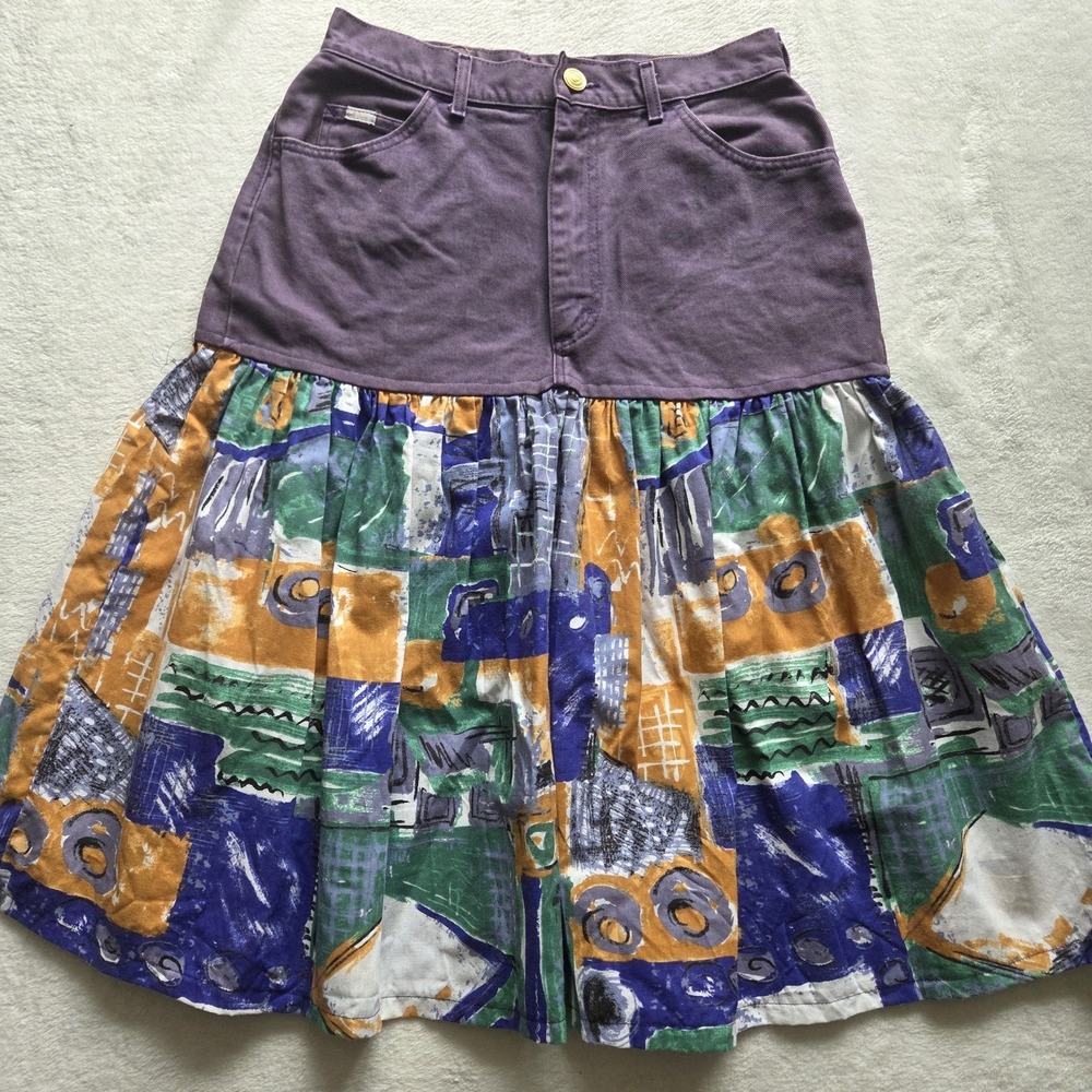 VTG 90s/Y2k Denim Fabric Ruffle Skirt Boho Purple Retro Sz 14 Upcycled LEE